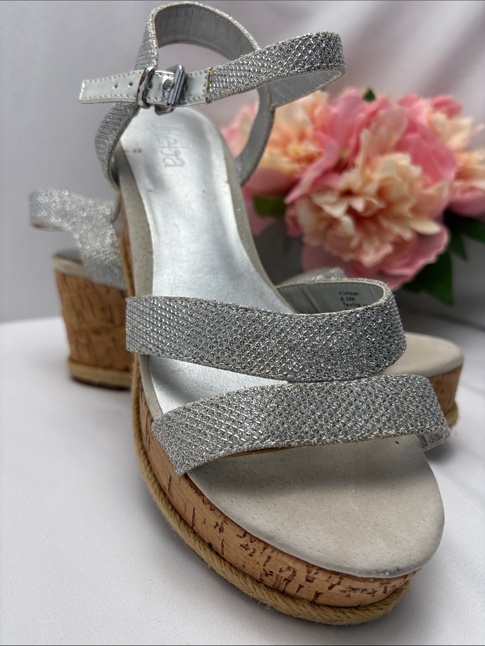Reba‎ Women’s 6.5 Silver Glitter Cork Wedges #457